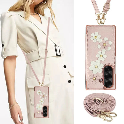 Long Lanyard Leather Wallet Card Slot Phone Case for Samsung Galaxy Z Fold 7 6 5 4 Wrist Strap Flip Purse Holder Cover Back Bag