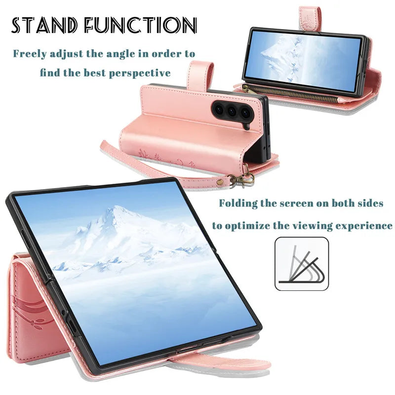 Lanyard Leather Zipper Wallet Multi Card Phone Case for Samsung Galaxy Z Fold 7 6 5 4 3 Fold6 Fold5 Fold4 Fold3 Flip Stand Cover