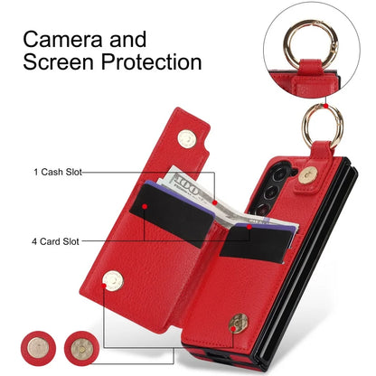 Ring Leather Zipper Wallet Card Slot Phone Case for Samsung Galaxy Z Fold 7 6 5 4 3 Shock Proof Flip Purse Holder Cover Hoesje