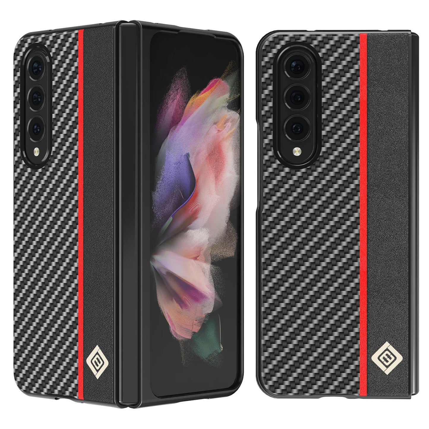 ZFold 7 Phone Case for Samsung Galaxy Z Fold 7 Fold6 5 4 3 5G Carbon Fiber Red Vertical Stripes PU Leather Slim Protective Cover