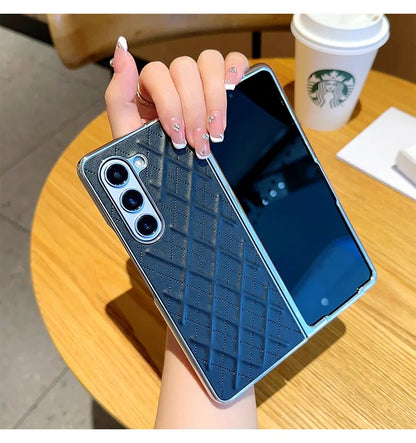 Phone Case for Samsung Galaxy Z Fold 7 6 5 4 Z Electroplated Diamond Grid Pattern PU Leather Luxury Hard Cover