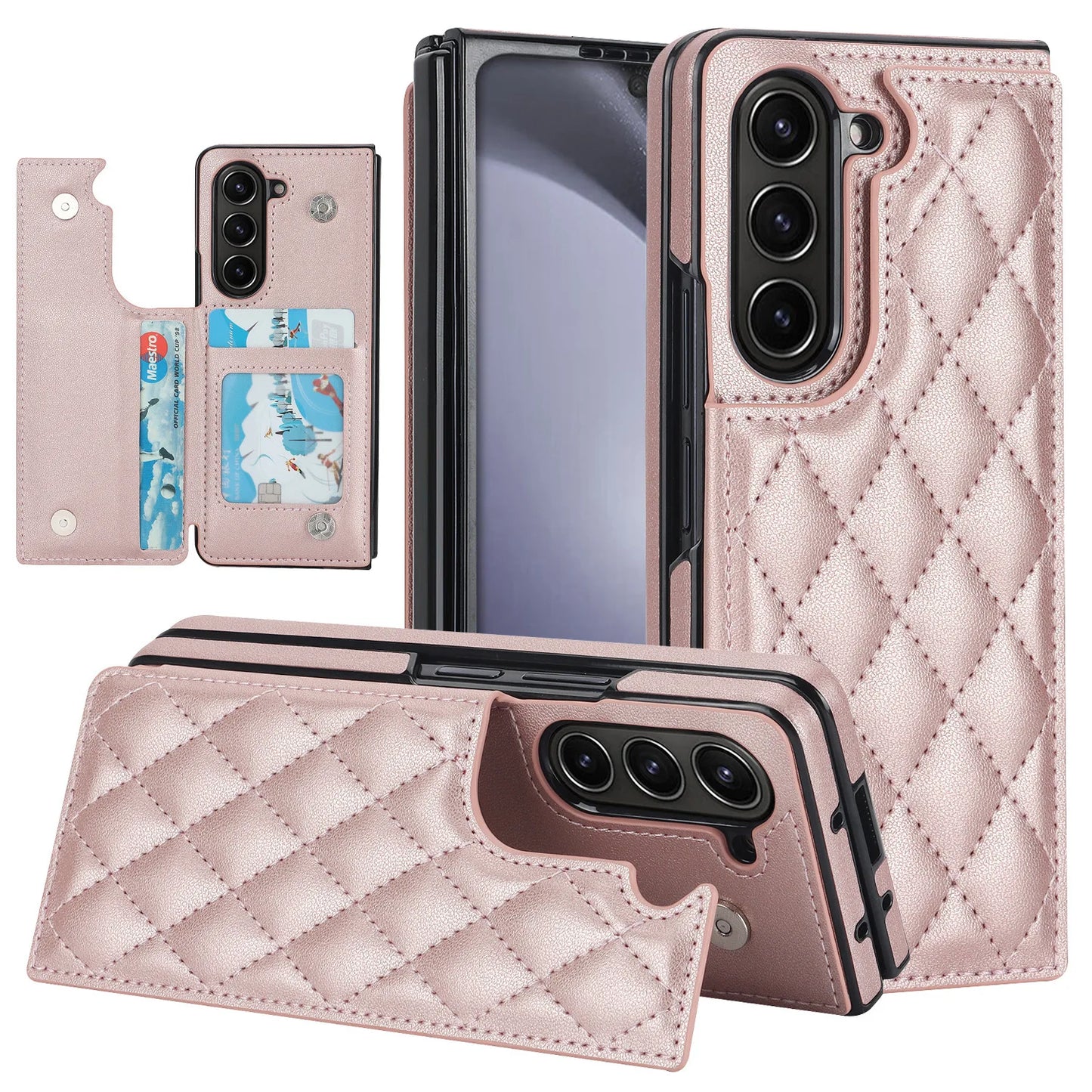 Fold7 Double Button Card Holder Wallet Phone Case for Samsung Galaxy Z Fold 7 6 5 4 3 Diamond Grid Texture Flip Pu Leather Cover