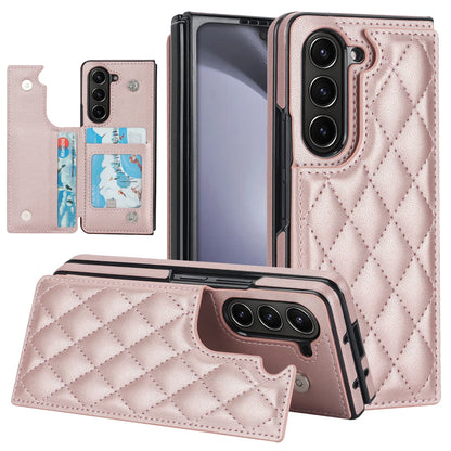 Fold7 Double Button Card Holder Wallet Phone Case for Samsung Galaxy Z Fold 7 6 5 4 3 Diamond Grid Texture Flip Pu Leather Cover