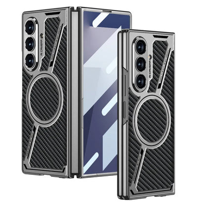 Electroplating Magnetic Wireless Charging Phone Case for Samsung Galaxy Z Fold 7 Zfold 6 Z Shaped Plain Leather Thin Hard Cover