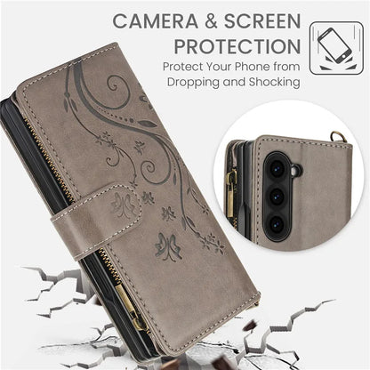 Lanyard Leather Zipper Wallet Multi Card Phone Case for Samsung Galaxy Z Fold 7 6 5 4 3 Fold6 Fold5 Fold4 Fold3 Flip Stand Cover