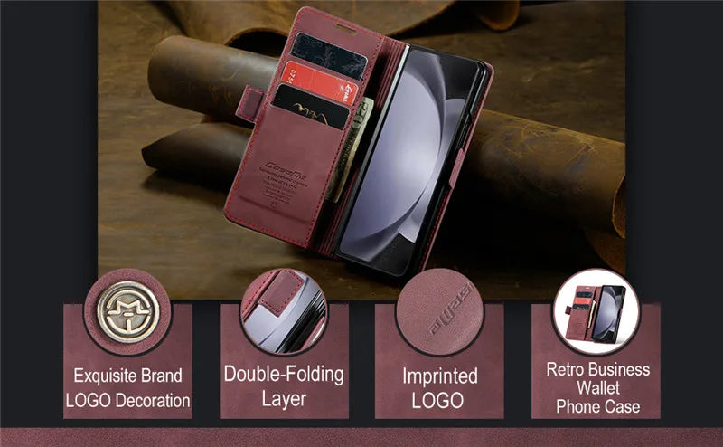 CaseMe Retor Leather Wallet Card Slot Phone Case for Samsung Galaxy Z Fold 7 6 5 4 Fold5 Fold6 Shockproof Flip Stand Cover Coque