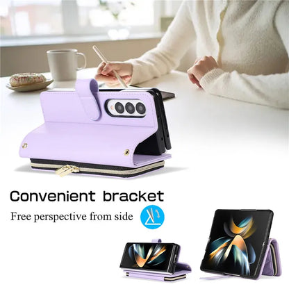 Crossbody Lanyard Zip Leather Wallet Card Phone Case for Samsung Galaxy Z Fold 7 6 5 4 3 Luxury Wrist Rope Flip Stand Cover Bag