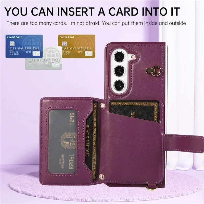 Crossbody Lanyard Leather Wallet Card Phone Case for Samsung Galaxy Z Fold 7 6 5 4 3 Fold6 Fold5 Fold4 Fold3 Wrist Rope Cover