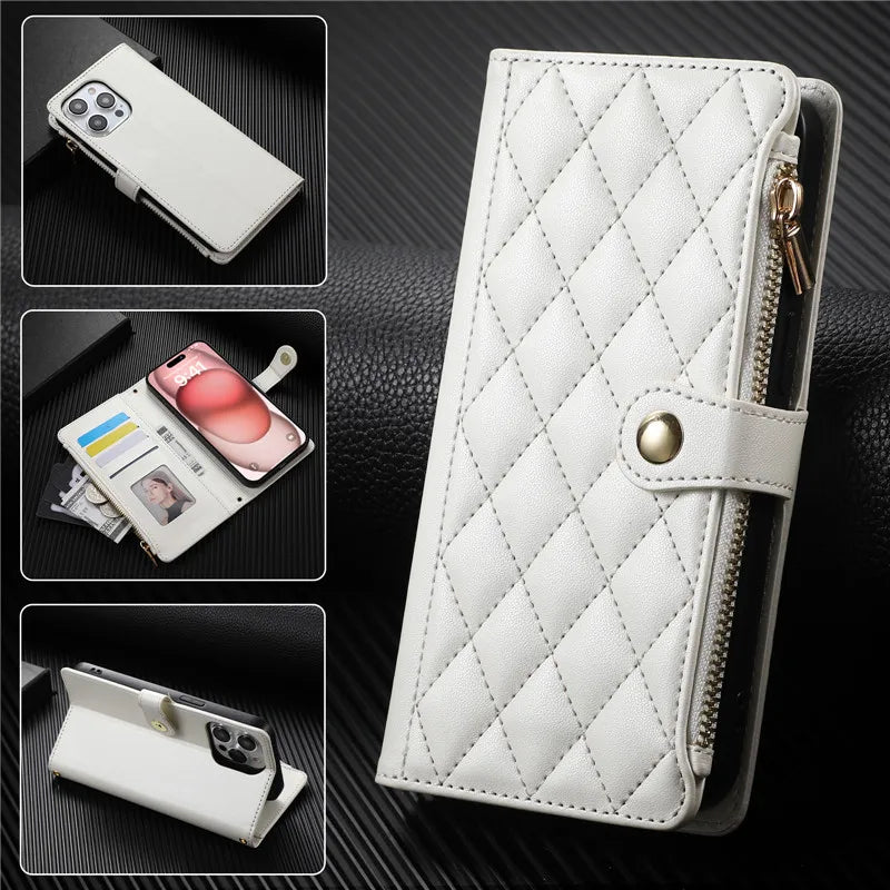 Crossbody Lanyard Leather Zip Wallet Card Slot Phone Case for Samsung Galaxy Z Fold 7 6 5 4 3 Wrist Strap Flip Stand Cover Etui