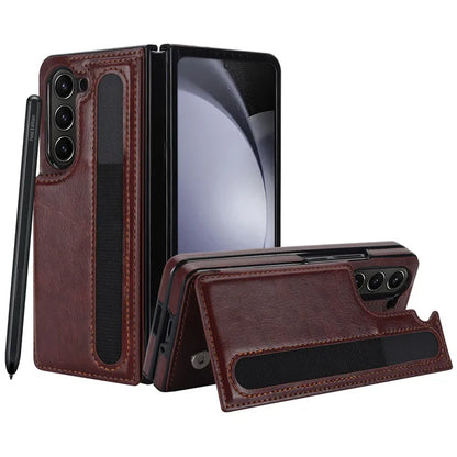 Pen Slot Leather Wallet Card Phone Case for Samsung Galaxy Z Fold 7 6 5 4 3 Fold6 Fold5 Fold4 Fold3 Retor Flip Stand Cover Etui
