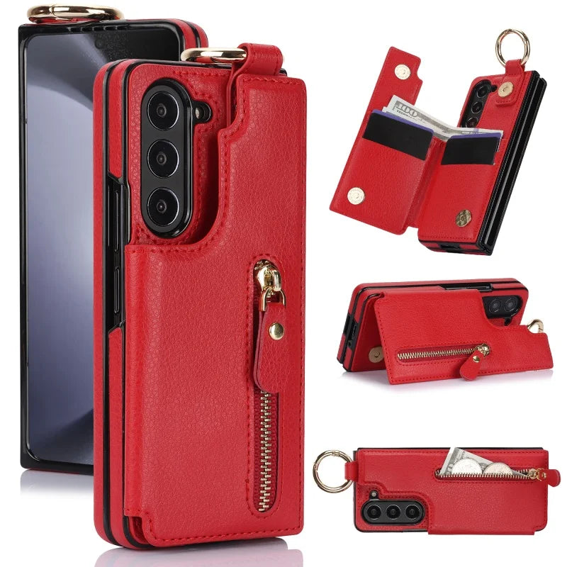 Ring Leather Zipper Wallet Card Slot Phone Case for Samsung Galaxy Z Fold 7 6 5 4 3 Shock Proof Flip Purse Holder Cover Hoesje