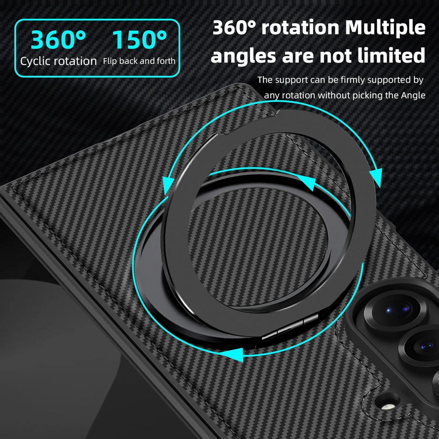 Auto Leather Phone Case for Samsung Galaxy Z Fold 7 Fold6 5 4 3 Magnetic Rotating Alloy Bracket Ring Carbon Fiber Pattern Cover