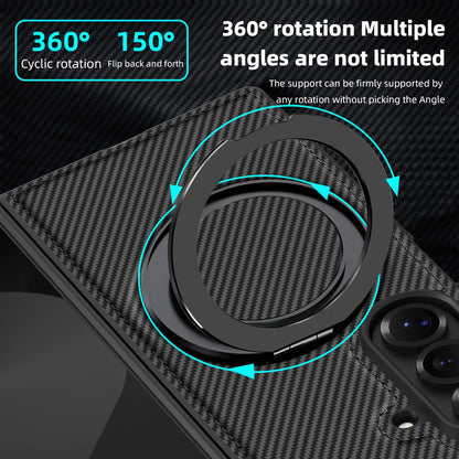Auto Leather Phone Case for Samsung Galaxy Z Fold 7 Fold6 5 4 3 Magnetic Rotating Alloy Bracket Ring Carbon Fiber Pattern Cover