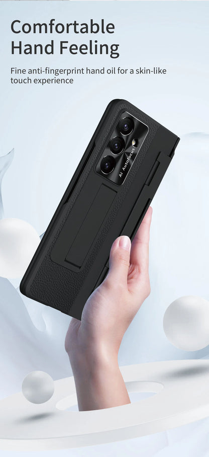 For Samsung Galaxy Z Fold 7 6 5 4 5G With Screen Protect Glass Film Luxury Leather One-Piece Plating Stand Hinge Shockproof Case