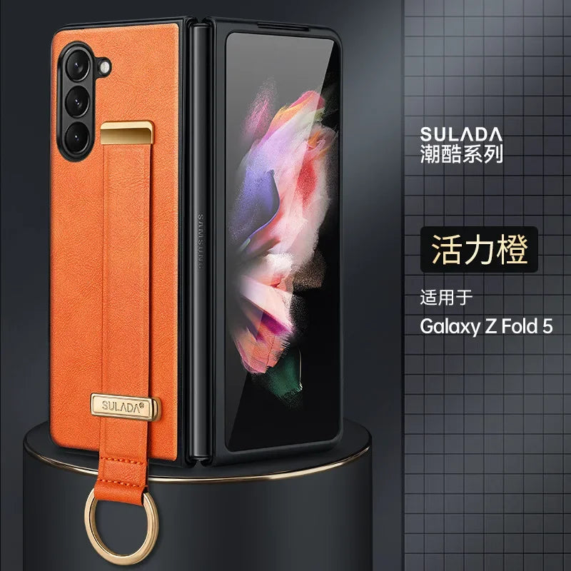 High-end Cowide Leather Mobile Phone Case for Samsung Galaxy Z Fold 7 Fold6 5 4 3 Wristband Holder Camera Protection Back Cover