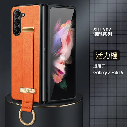 High-end Cowide Leather Mobile Phone Case for Samsung Galaxy Z Fold 7 Fold6 5 4 3 Wristband Holder Camera Protection Back Cover