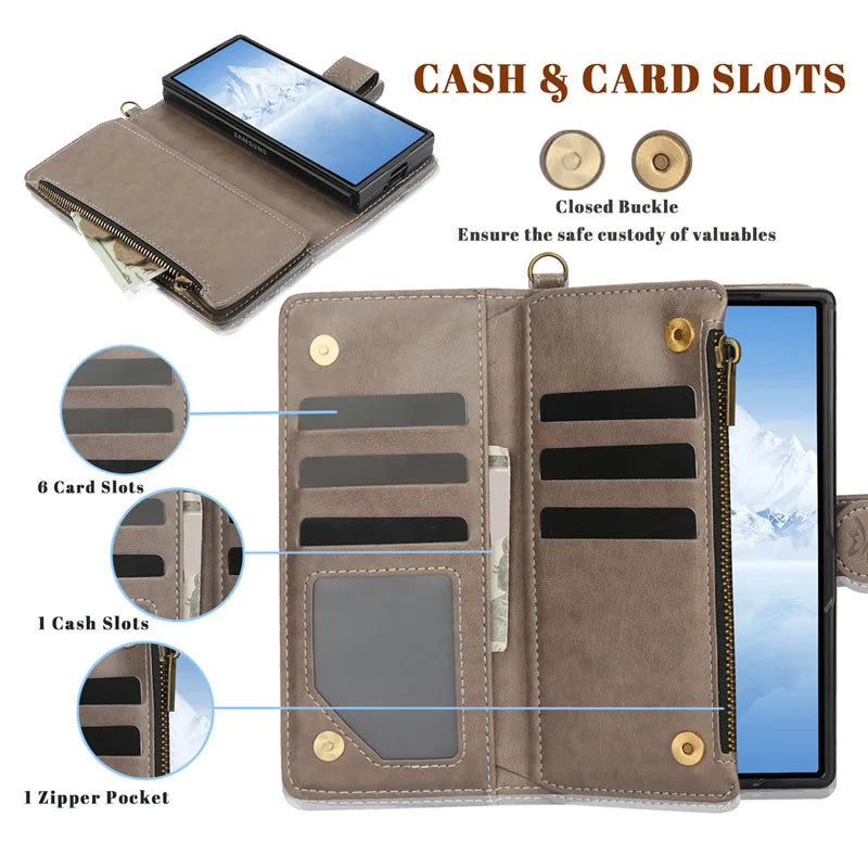 Lanyard Leather Zipper Wallet Multi Card Phone Case for Samsung Galaxy Z Fold 7 6 5 4 3 Fold6 Fold5 Fold4 Fold3 Flip Stand Cover