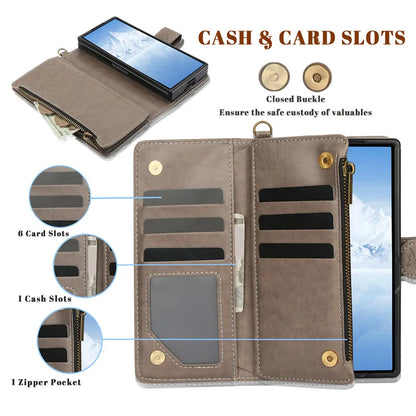 Lanyard Leather Zipper Wallet Multi Card Phone Case for Samsung Galaxy Z Fold 7 6 5 4 3 Fold6 Fold5 Fold4 Fold3 Flip Stand Cover