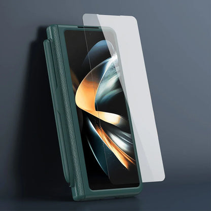 With Touch Pen Case For Samsung Galaxy Z Fold 5 Leather Hinge Fold 6 4 3 Screen Protector Tempered Film Folding Kickstand Cover