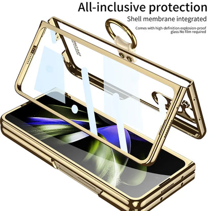 Luxury Plating HD Transparent Case for Samsung Galaxy Z Fold 6 5 5G Case with Ring Metal Ring Clear Shockproof Shell Case
