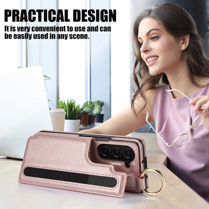 Fold7 Ring&Pen Slot Pu Leather Phone Case for Samsung Galaxy Z Fold 7 6 5 4 3 Metal Double Buckle Flip Card Holder Wallet Cover