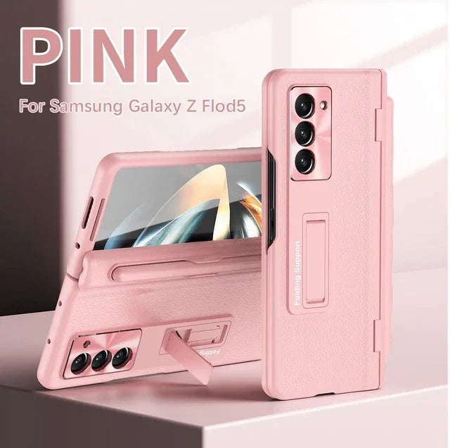 With Touch Pen Case For Samsung Galaxy Z Fold 5 Leather Hinge Fold 6 4 3 Screen Protector Tempered Film Folding Kickstand Cover
