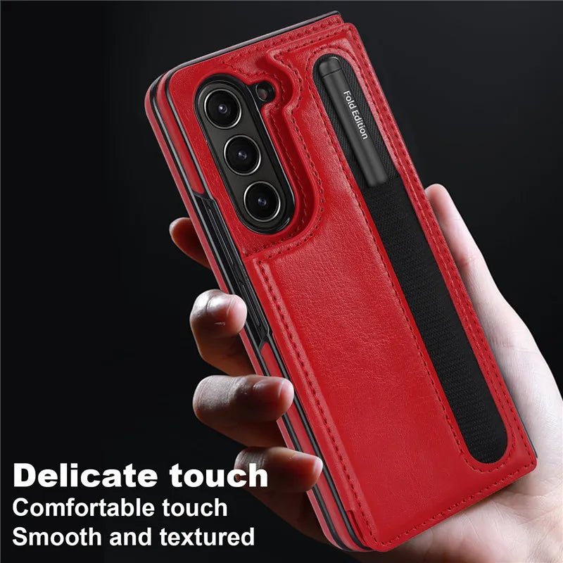 Pen Slot Leather Wallet Card Phone Case for Samsung Galaxy Z Fold 7 6 5 4 3 Fold6 Fold5 Fold4 Fold3 Retor Flip Stand Cover Etui