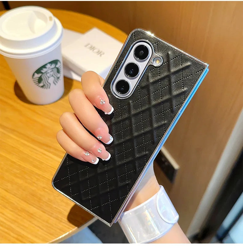 Phone Case for Samsung Galaxy Z Fold 7 6 5 4 Z Electroplated Diamond Grid Pattern PU Leather Luxury Hard Cover