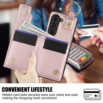 Fold7 Ring&Pen Slot Pu Leather Phone Case for Samsung Galaxy Z Fold 7 6 5 4 3 Metal Double Buckle Flip Card Holder Wallet Cover