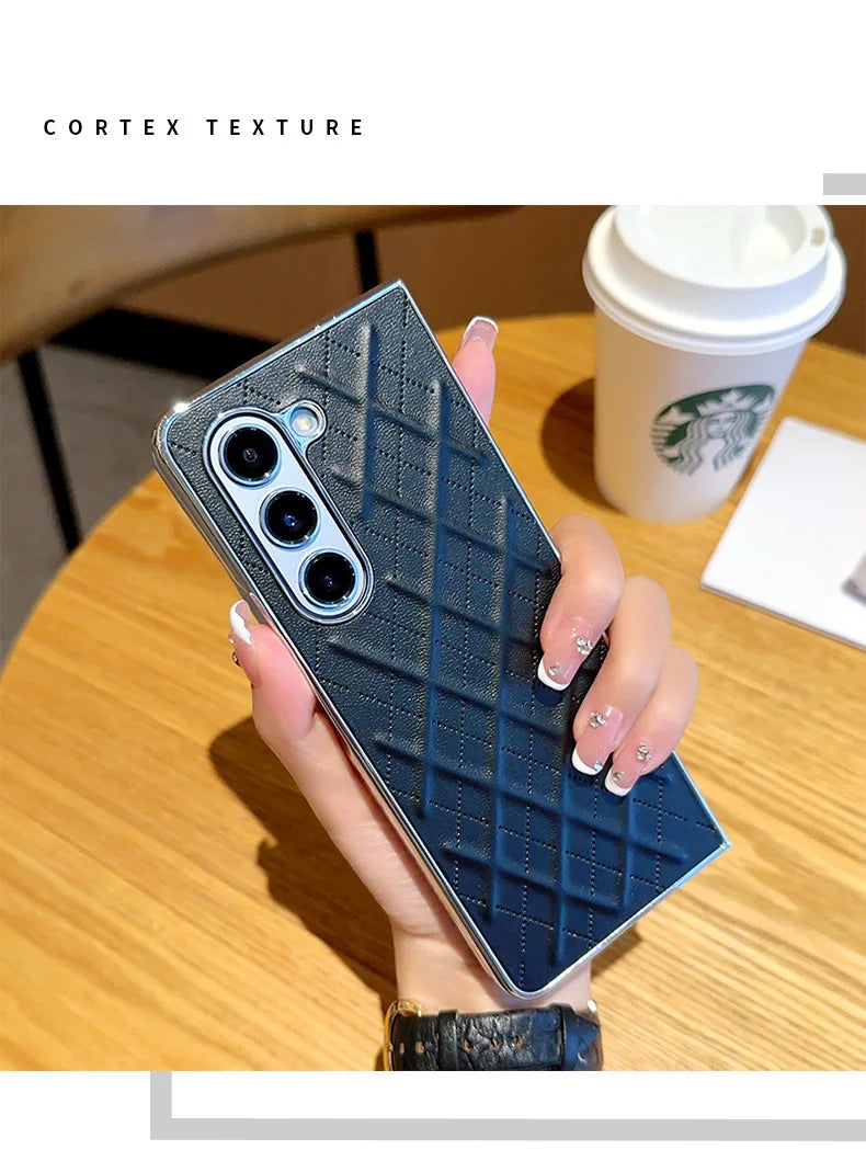 Phone Case for Samsung Galaxy Z Fold 7 6 5 4 Z Electroplated Diamond Grid Pattern PU Leather Luxury Hard Cover