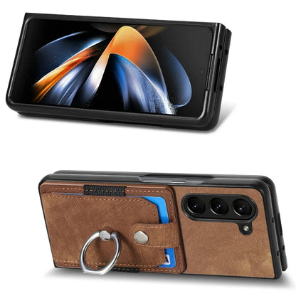 Z Fold 7 Retro Pu Leather Phone Case for Samsung Galaxy Z Fold 6 5 4 3 Magnetic Hardware Ring&buckle Card Slot Bag Bracket Cover