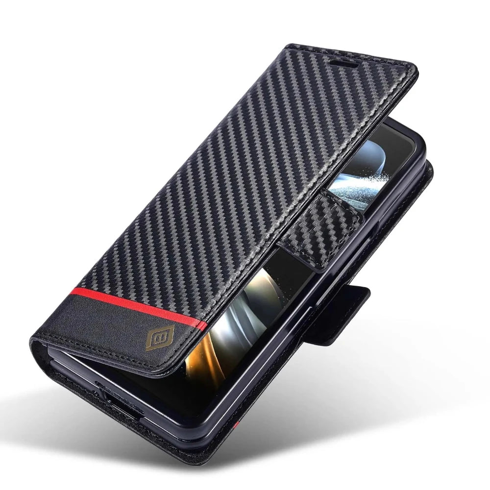 ZFold 7 Carbon Fiber Texture Phone Case for Samsung Galaxy Z Fold 7 6 5 4 3 W23 W22 5G Buckle Pu Leather Card Slot Holder Wallet