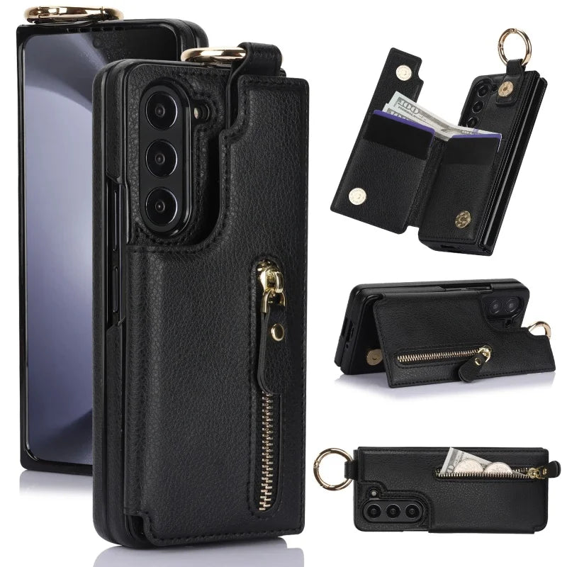 Ring Leather Zipper Wallet Card Slot Phone Case for Samsung Galaxy Z Fold 7 6 5 4 3 Shock Proof Flip Purse Holder Cover Hoesje