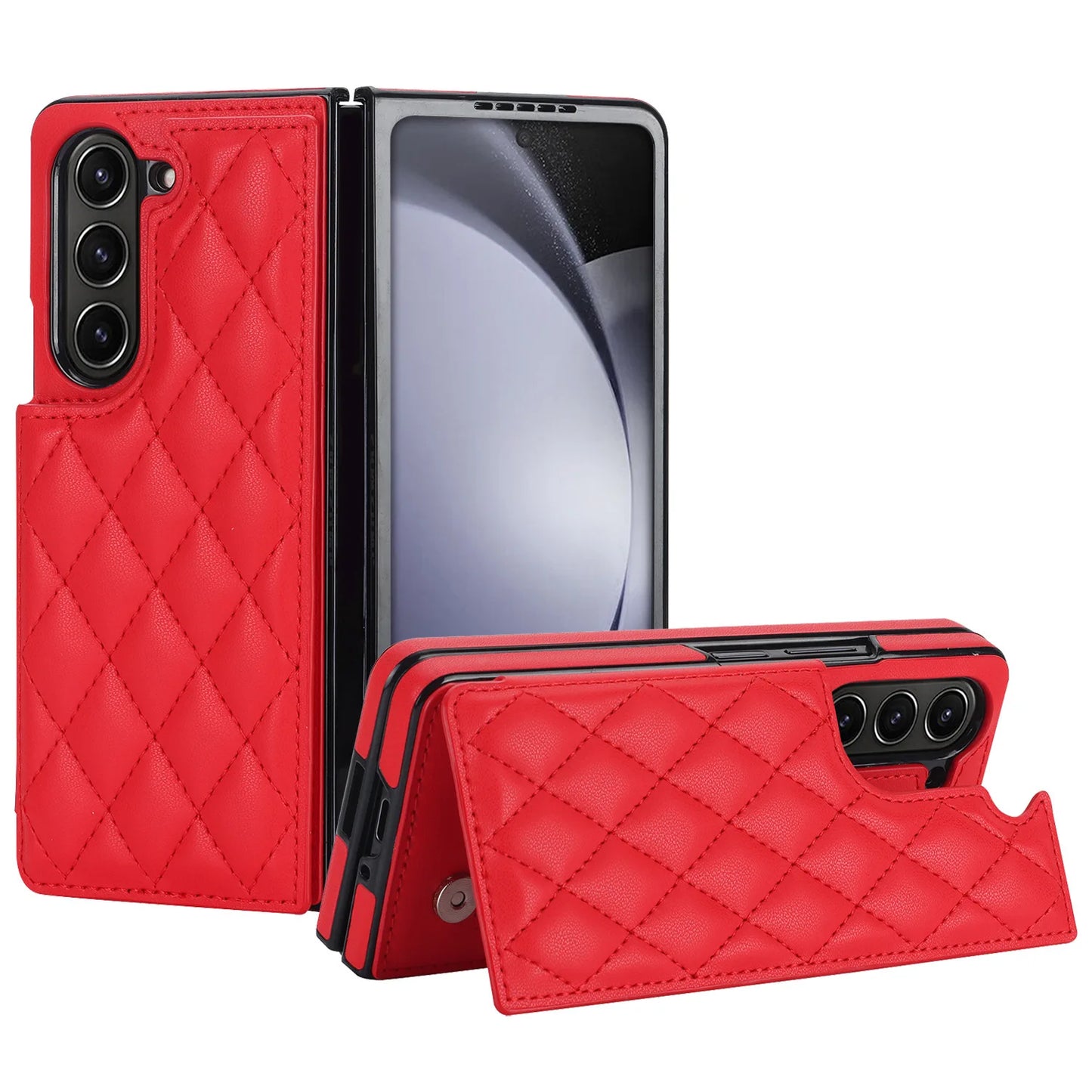 Fold7 Double Button Card Holder Wallet Phone Case for Samsung Galaxy Z Fold 7 6 5 4 3 Diamond Grid Texture Flip Pu Leather Cover