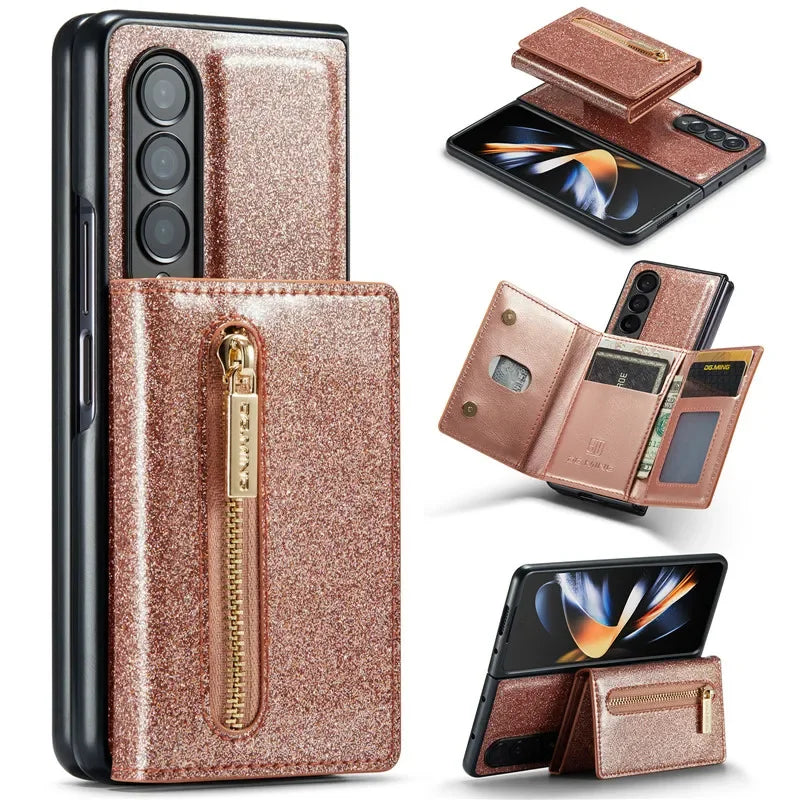 Glitter Magnetic Leather Zip Wallet Phone Case For Samsung Galaxy Z Fold 5 4 3