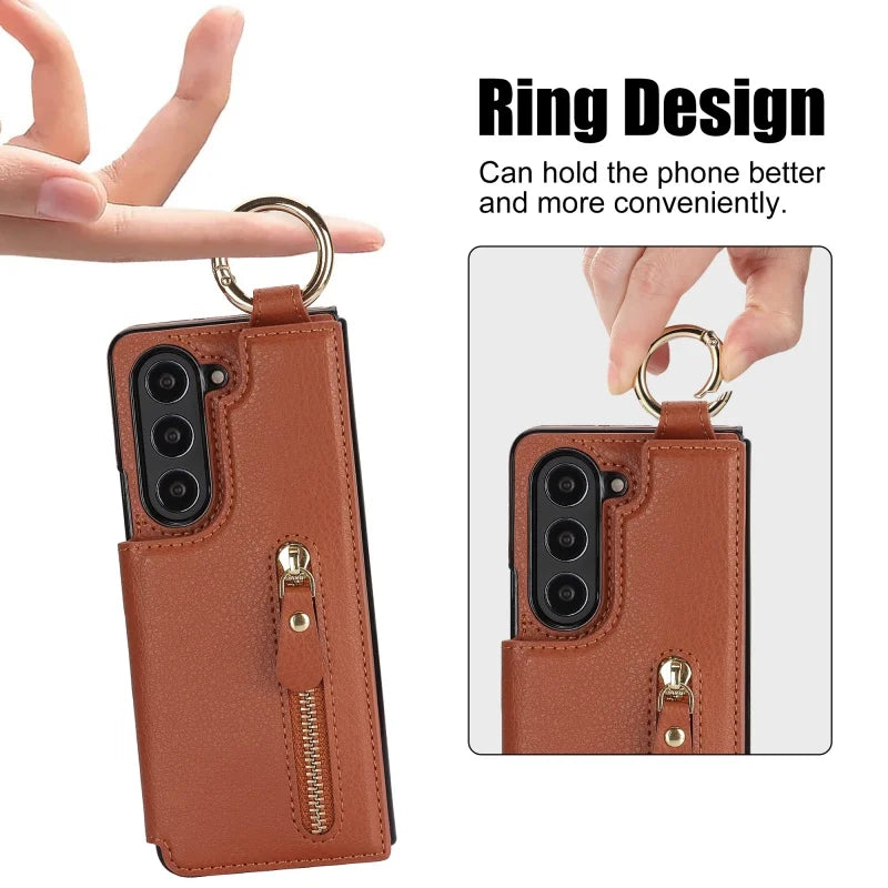 Ring Leather Zipper Wallet Card Slot Phone Case for Samsung Galaxy Z Fold 7 6 5 4 3 Shock Proof Flip Purse Holder Cover Hoesje