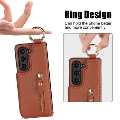 Ring Leather Zipper Wallet Card Slot Phone Case for Samsung Galaxy Z Fold 7 6 5 4 3 Shock Proof Flip Purse Holder Cover Hoesje