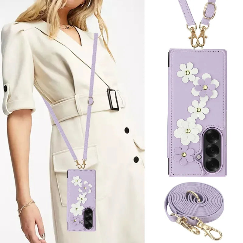 Long Lanyard Leather Wallet Card Slot Phone Case for Samsung Galaxy Z Fold 7 6 5 4 Wrist Strap Flip Purse Holder Cover Back Bag