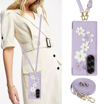 Long Lanyard Leather Wallet Card Slot Phone Case for Samsung Galaxy Z Fold 7 6 5 4 Wrist Strap Flip Purse Holder Cover Back Bag