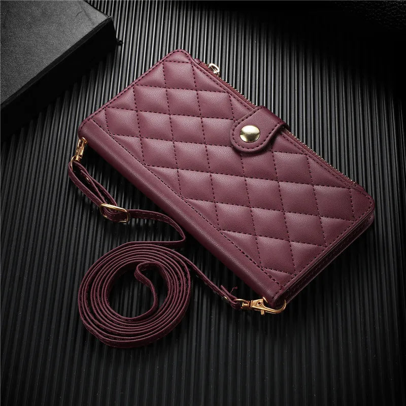 Crossbody Lanyard Leather Zip Wallet Card Slot Phone Case for Samsung Galaxy Z Fold 7 6 5 4 3 Wrist Strap Flip Stand Cover Etui