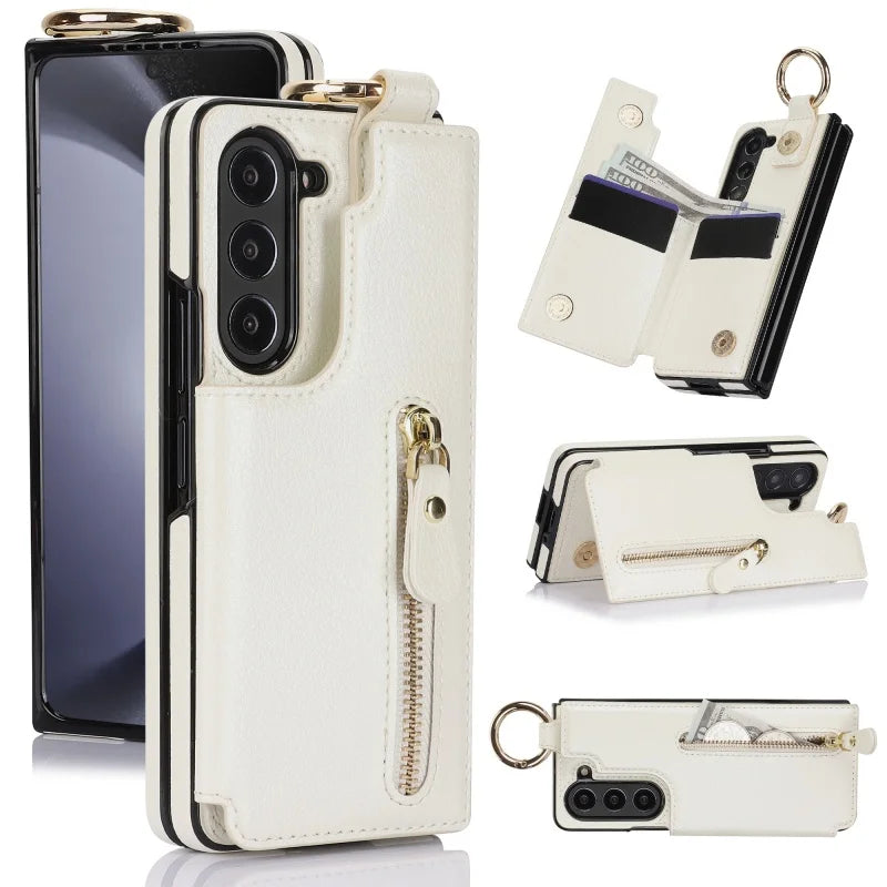 Ring Leather Zipper Wallet Card Slot Phone Case for Samsung Galaxy Z Fold 7 6 5 4 3 Shock Proof Flip Purse Holder Cover Hoesje