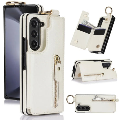 Ring Leather Zipper Wallet Card Slot Phone Case for Samsung Galaxy Z Fold 7 6 5 4 3 Shock Proof Flip Purse Holder Cover Hoesje