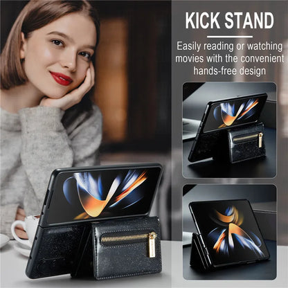Glitter Magnetic Leather Zip Wallet Phone Case For Samsung Galaxy Z Fold 5 4 3