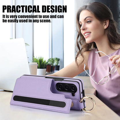 Fold7 Ring&Pen Slot Pu Leather Phone Case for Samsung Galaxy Z Fold 7 6 5 4 3 Metal Double Buckle Flip Card Holder Wallet Cover