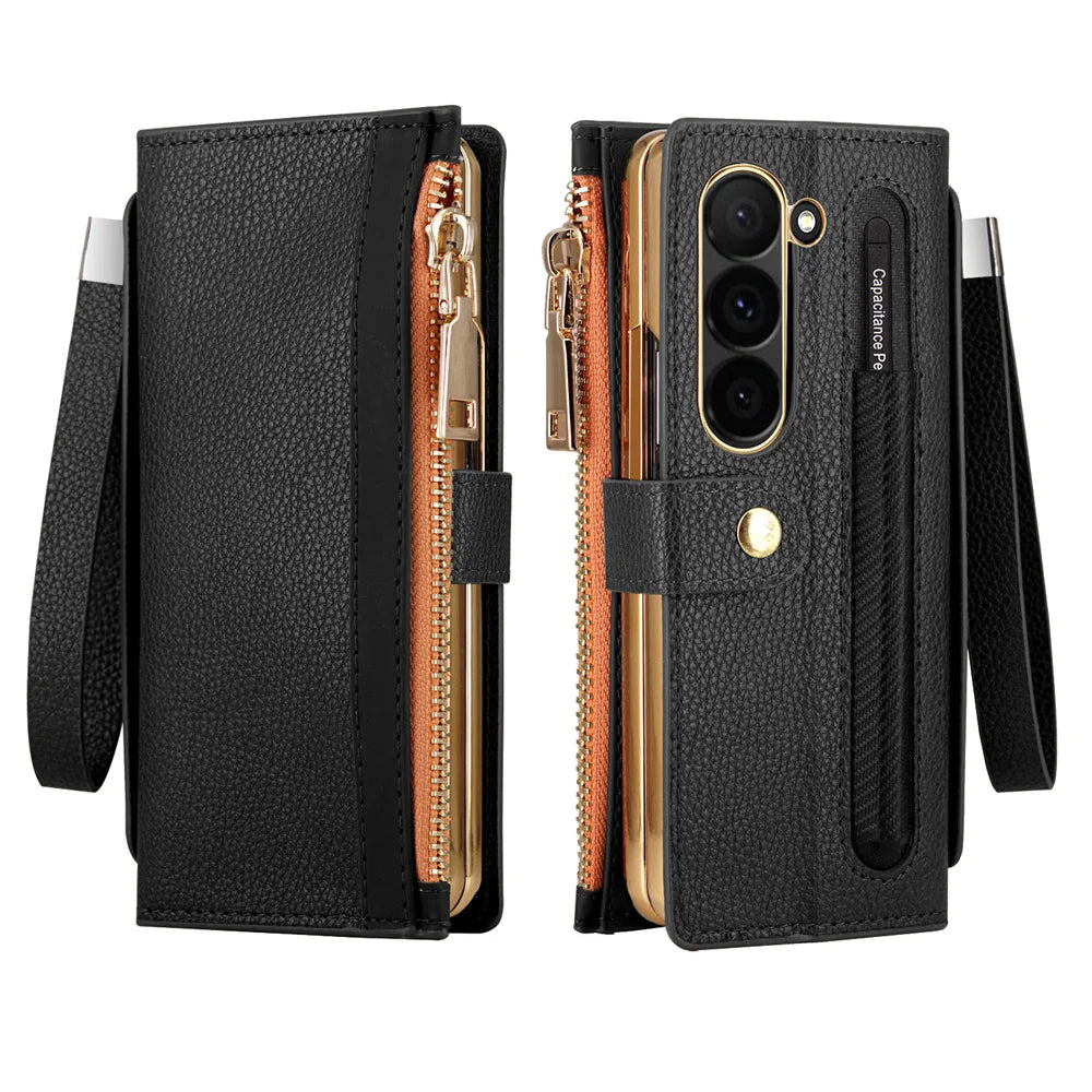 Leather Card Wallet With S Pen Solt Case For Samsung Galaxy Z Fold 6 5 4 3 2 ZFold6 Fold Multifunctional Zipper Protection Cover
