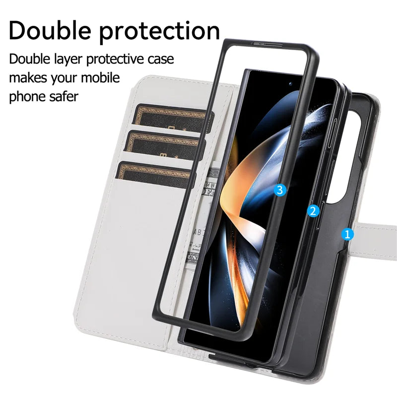 Luxury Lanyard Leather Flip Stand Phone Case for Samsung Galaxy Z Fold 7 6 5 4 3 Fold6 Fold5 Fold3 Fold4 Zip Wallet Card Cover