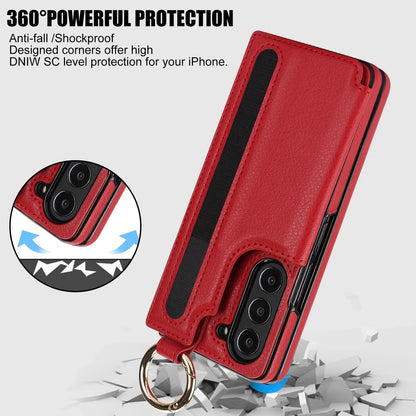 Fold7 Ring&Pen Slot Pu Leather Phone Case for Samsung Galaxy Z Fold 7 6 5 4 3 Metal Double Buckle Flip Card Holder Wallet Cover