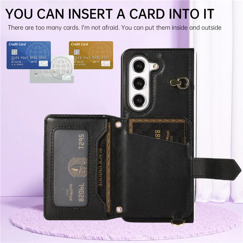 Crossbody Lanyard Leather Wallet Card Phone Case for Samsung Galaxy Z Fold 7 6 5 4 3 Fold6 Fold5 Fold4 Fold3 Wrist Rope Cover