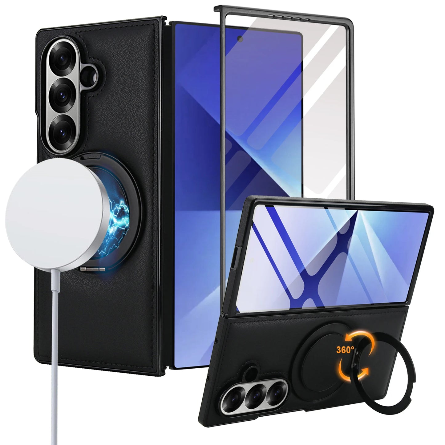 Rotating Bracket Pu Leather Phone Case for Samsung Galaxy Z Fold7 Z Fold 6 5 4 3 Magnetic Charging Camera Screen Protective Cover