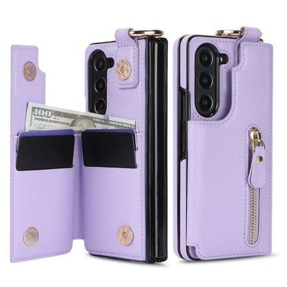 Ring Leather Zipper Wallet Card Slot Phone Case for Samsung Galaxy Z Fold 7 6 5 4 3 Shock Proof Flip Purse Holder Cover Hoesje